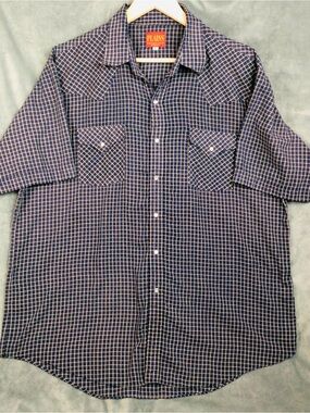 Plains Western Wear Pearl Snap Navy Windowpane Short-Sleeve Men's Shirt